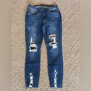 Judy Blue Distressed Skinny Jeans with Leopard Cheetah Print Accents